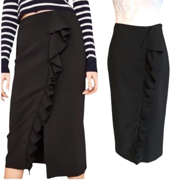ZARA Black Ruffle Stretch Midi Pencil Skirt - S - Picture 1 of 12